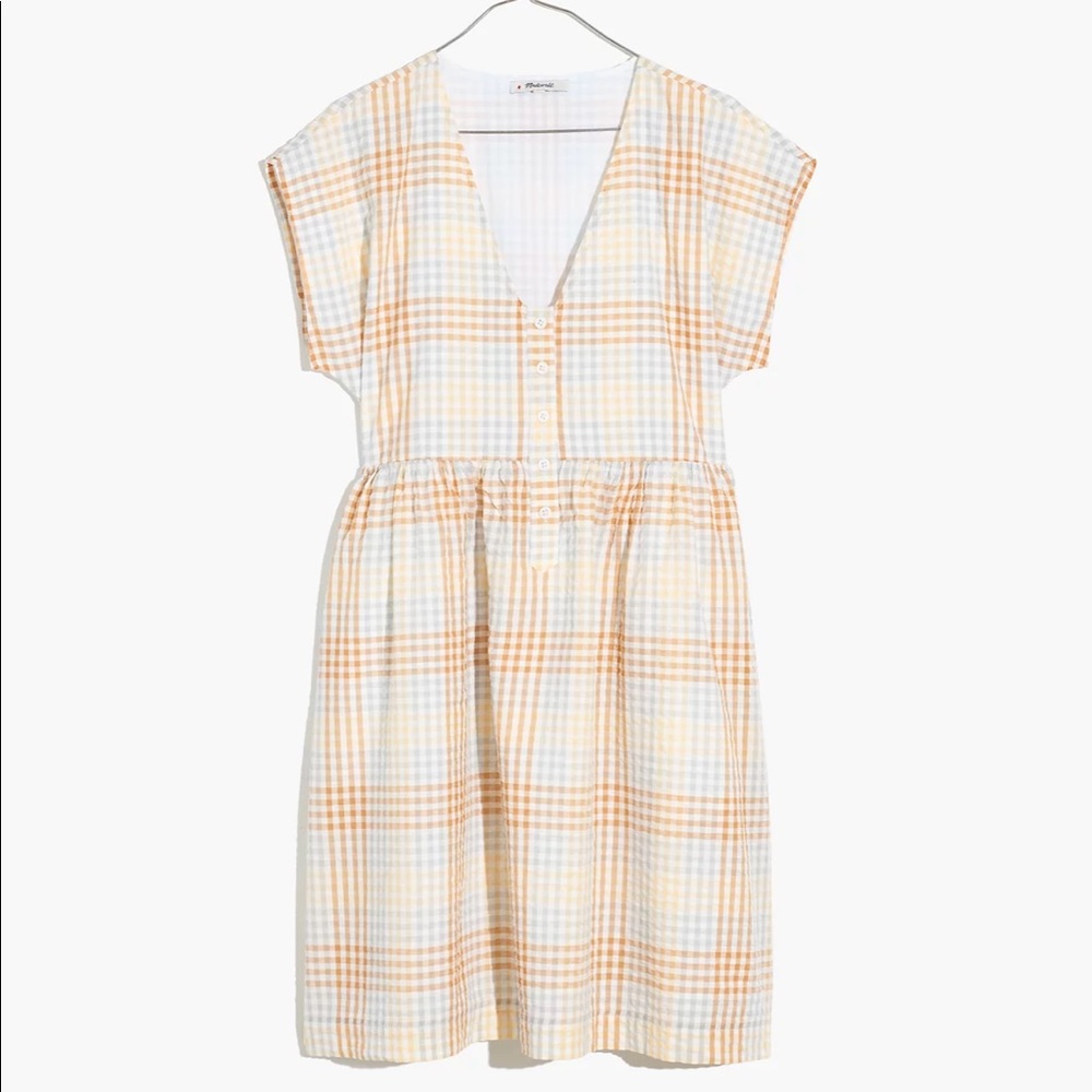 Cap-Sleeve Button-Front Mini Dress in Plaid